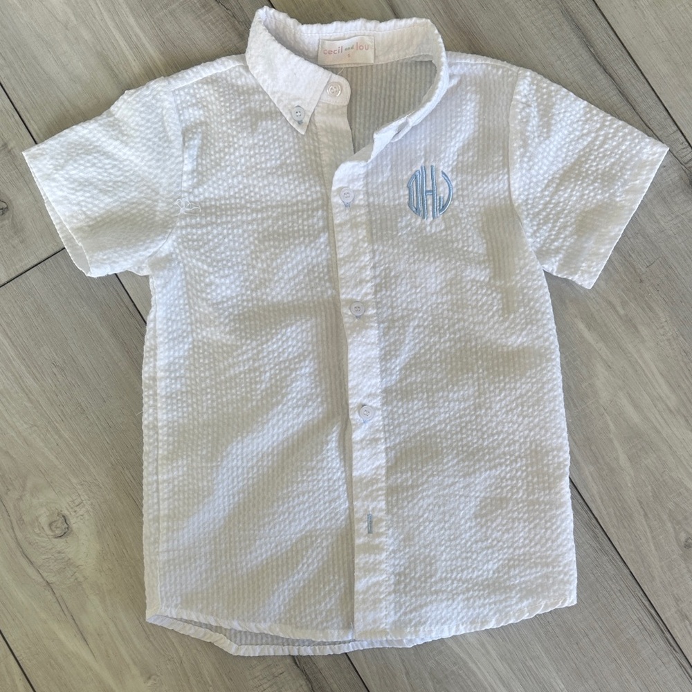 Kids White Textured Button Down Shirt; “DHJ” Monogram